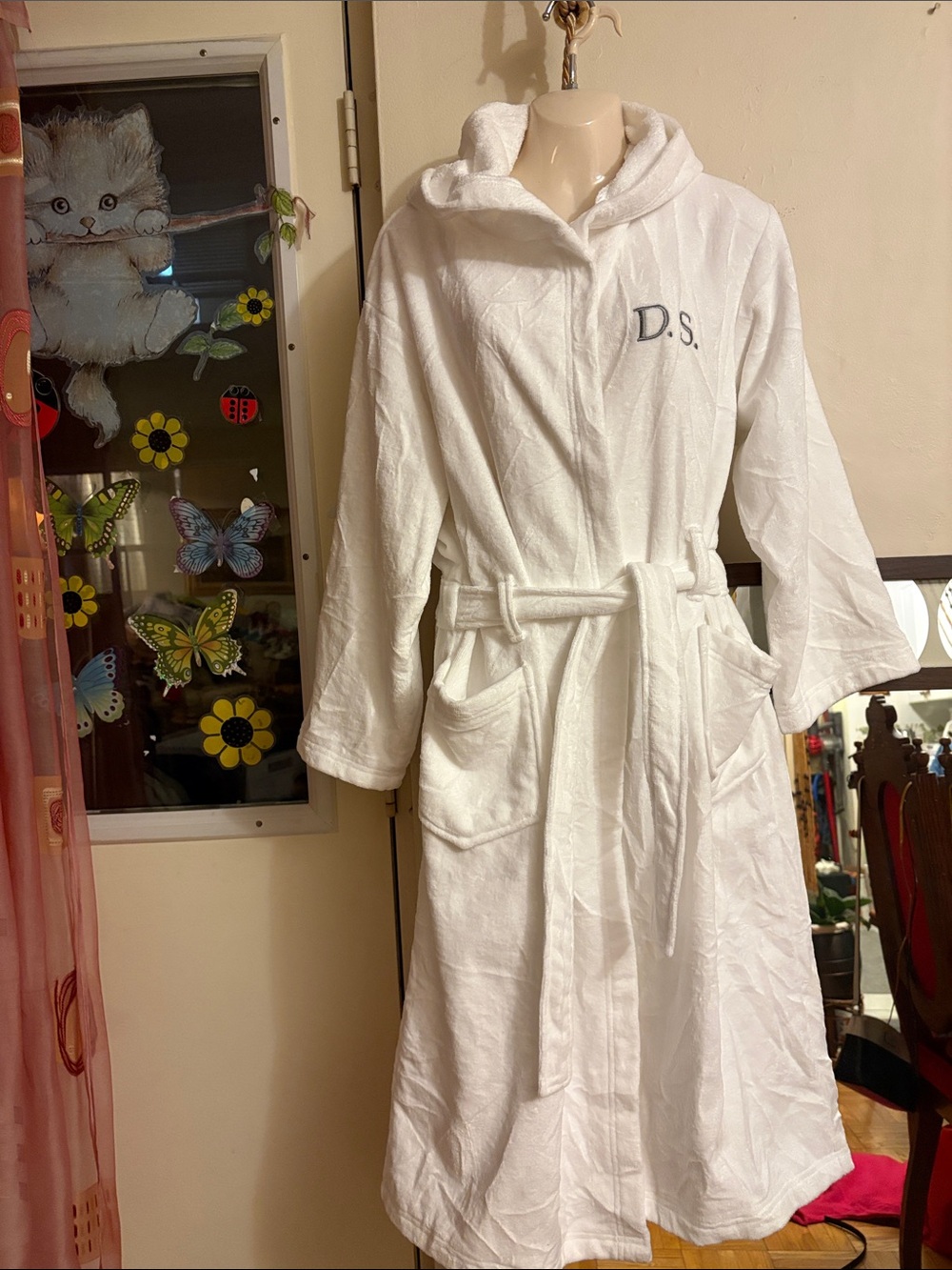 Monogrammed White Hooded Bathrobe with Belt. Cotton